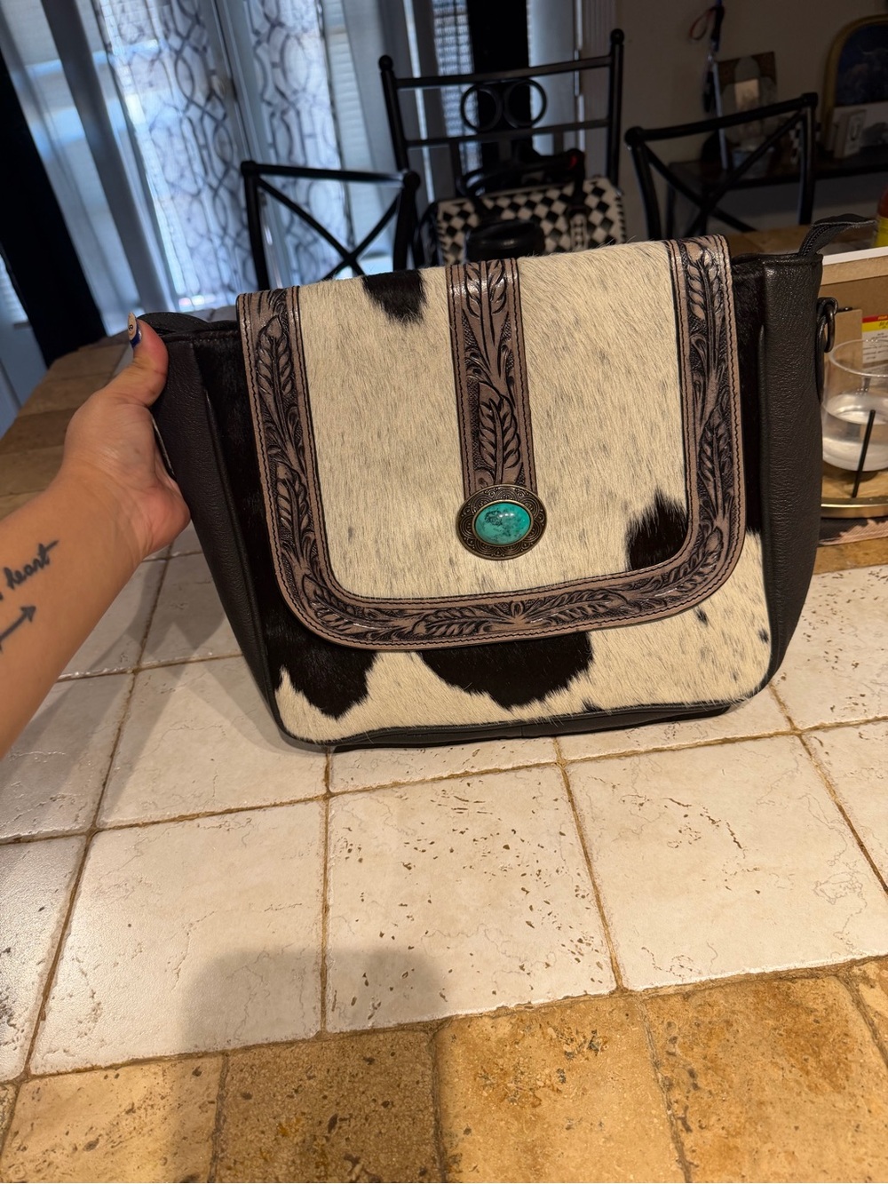 Cowhide Crossbody Bag with Turquoise Accent - Black & White